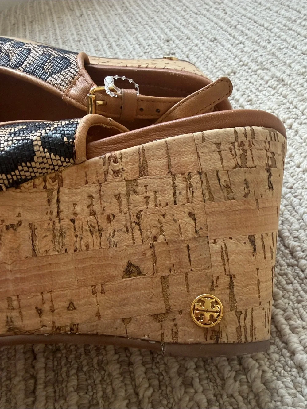 Tory Burch Leopard Print Cork Wedge Slingback Sandals - Tan/Black